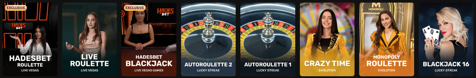 HadesBet Casino live dealer games including HadesBet Roulette, Live Roulette, HadesBet Blackjack, AutoRoulette, Crazy Time, Monopoly Roulette and Blackjack 16