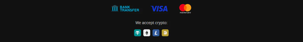 HadesBet Casino payment methods including bank transfer, Visa, Mastercard and cryptocurrencies Tether, Ethereum, Litecoin and Dogecoin